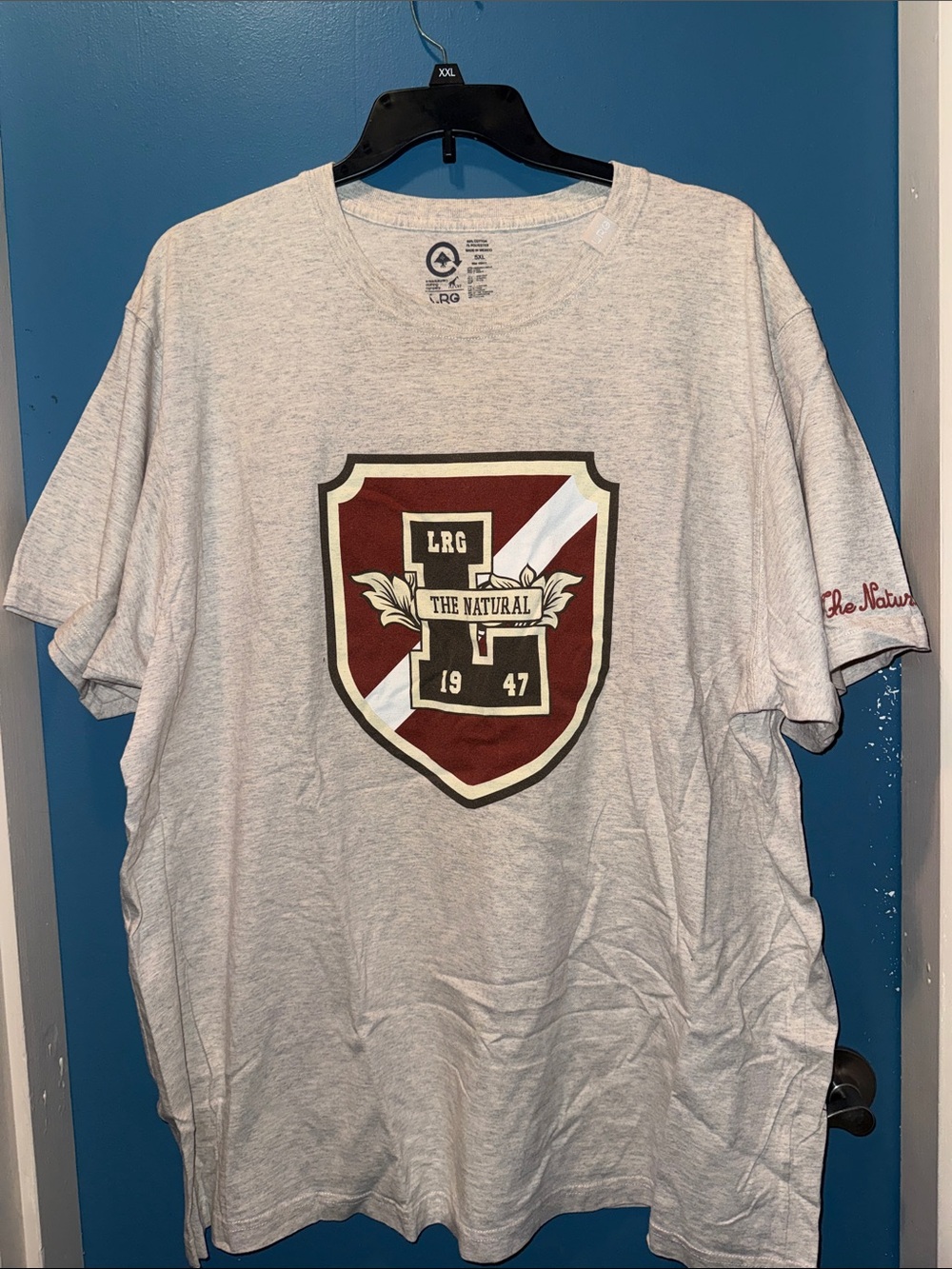LRG Short Sleeve Shield Tee in Light Gray and Maroon